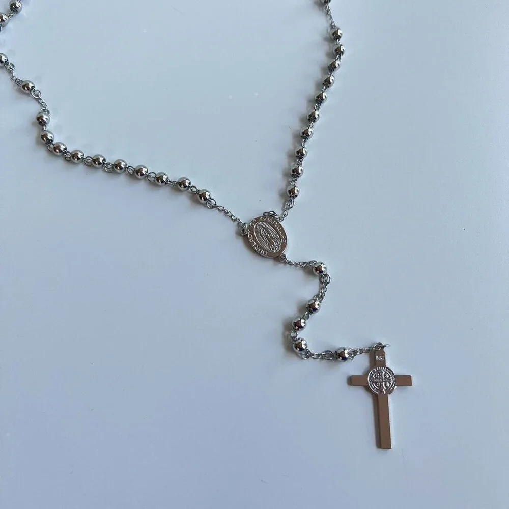 y2k 2000s chrome silver rosary bead necklace